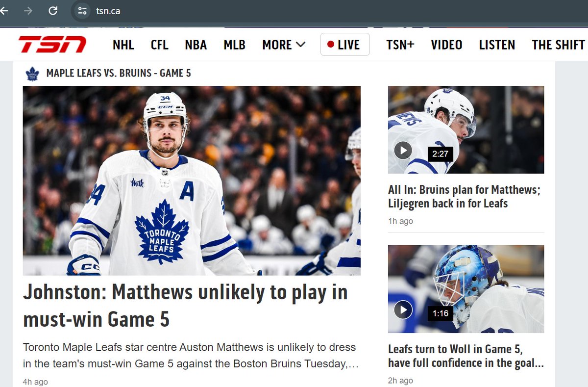 Three Canadian NHL teams with huge playoff games tonight. Here's the top of TSN's home page. #TorontoSportsNetwork