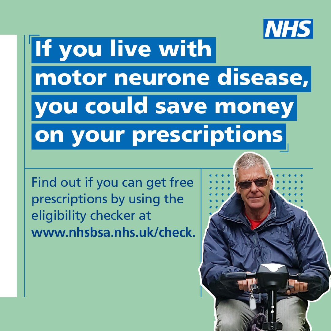 If you live with motor neurone disease you could be entitiled to free prescriptions If you are on a low income, you could be entitled to free prescriptions. Check here: nhsbsa.nhs.uk/check-if-youre…