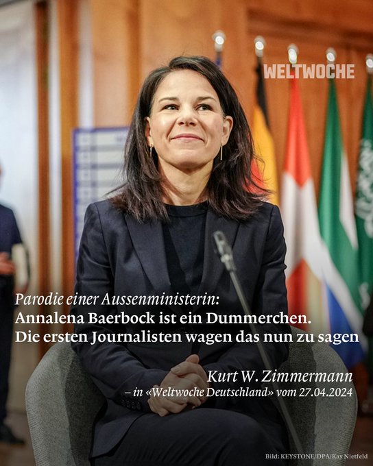 Götter-Dämmerung! Die ersten Journalisten wagen endlich auszusprechen, was für jeden offensichtlich ist: 'Annalena #Baerbock ist ein Dummerchen und die Parodie einer Außenministerin!' weltwoche.de/daily/parodie-…