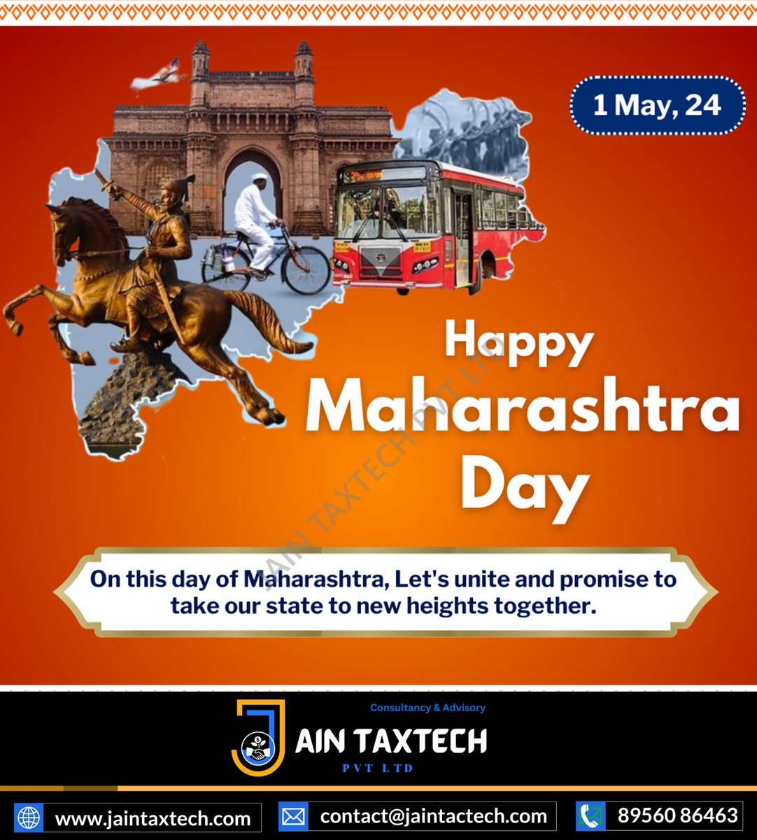 Happy Maharashtra Day! 🎉 Celebrating the Rich Heritage, Culture, and Progress of Maharashtra. Jain TaxTech Extends Best Wishes to the People of Maharashtra! 🌟🏞️ #MaharashtraDay #Celebrations #JainTaxTech #AccountingServices #FinancialConsulting #CAConsultancy