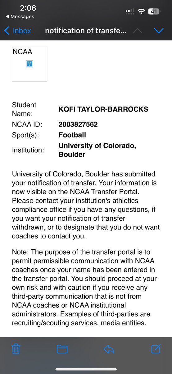 I have entered the transfer portal as a redshirt Freshman. Thank you Colorado for the opportunity you have provided me with.