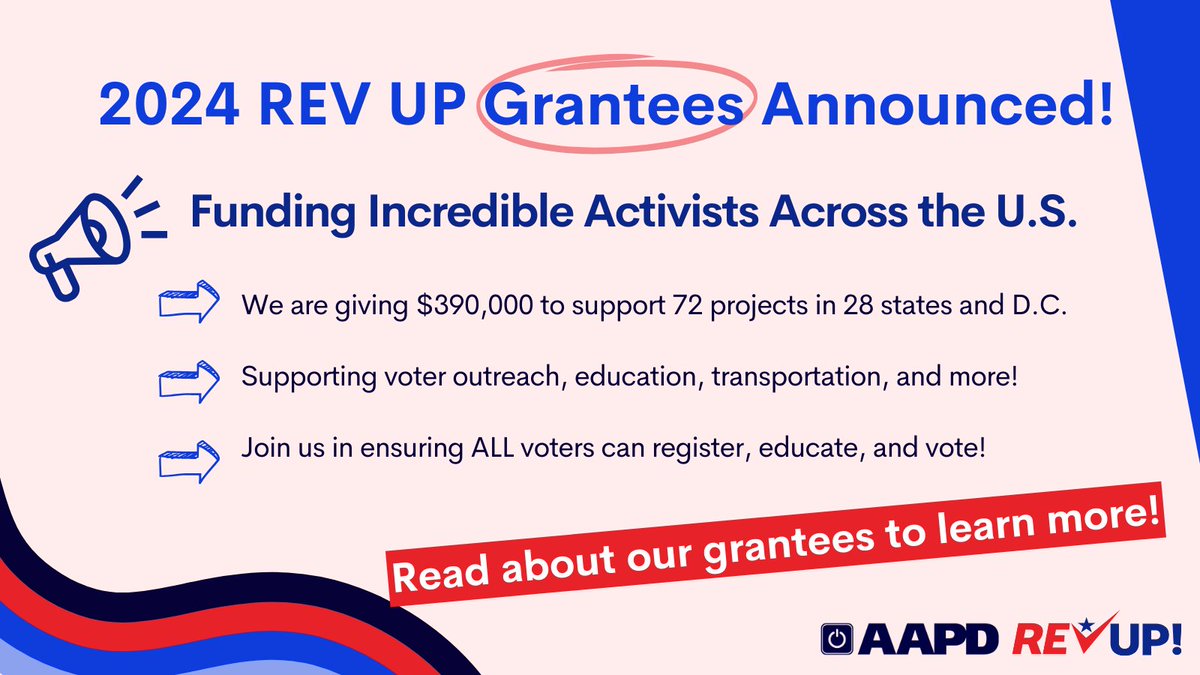 Announcing Our 2024 REV UP Grantees! We're awarding $390,000 to 72 projects in 28 states and D.C. The grants support voter outreach, educational materials, accessible transportation, & more! Learn more: bit.ly/3QleKtu #AccessibleVoting #DisabilityVote