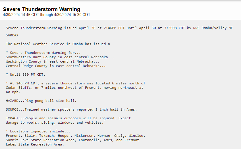 #nebraska
Severe Thunderstorm Warning for
SW #BurtCounty 
#WashingtonCounty 
#DodgeCounty until 3:30.   
This storm has ping pong ball size hail.

In it's path
#Fremont #Blair #Tekamah #Hooper #Nickerson #Herman #Craig #Winslow

#newx