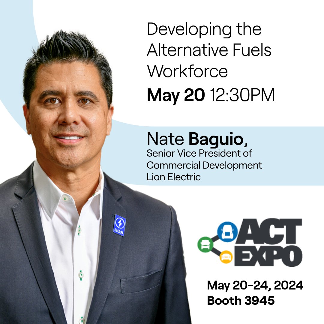 Join Lion ⚡’s very own @BaguioNate at @ACTExpo 2024 on the ”Developing the Alternative Fuels Workforce” 👷‍♀️🔌 panel, May 20, 12:30PM PT!

#LionElectric #ACTExpo2024 #ACT #electrictruck #electrification #sustainable #trucking #zeroemission #panel