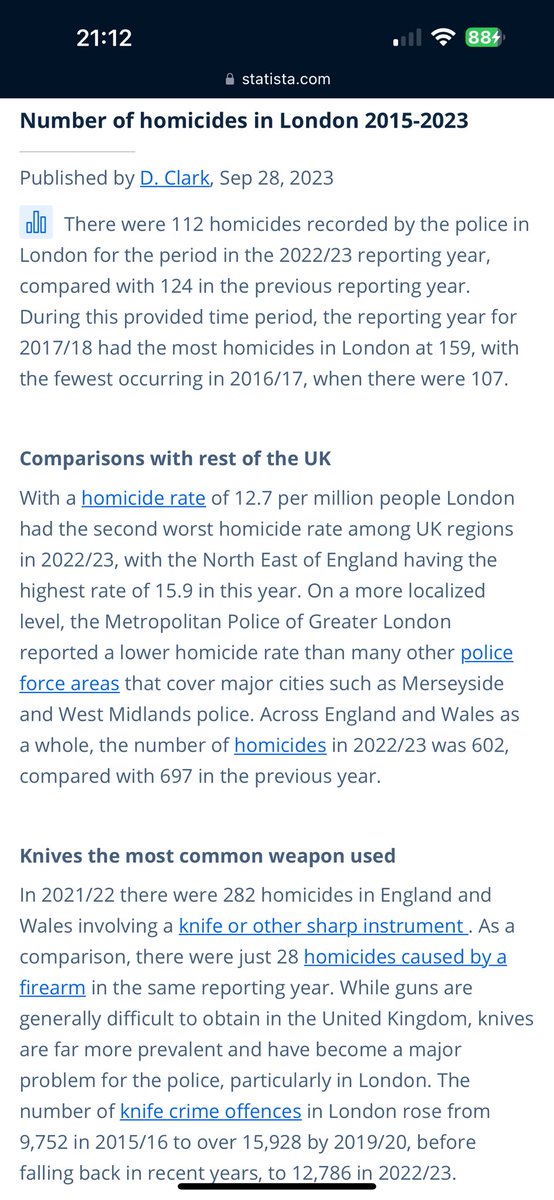 This is two orders of magnitude out. The homicide rate in London is 1.27 per 100k not 127.