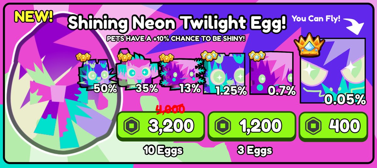 PS99 CONCEPT!!!

🌈🥚Shining Neon Twilight Egg!🥚🌈
✨PETS HAVE A +10% CHANCE TO BE SHINY!✨
-🌈🐶Neon Twilight Dog
-🌈🐵Neon Twilight Monkey
-🌈🦎Neon Twilight Axolotl
-🌈🐶Huge Neon Twilight Dog
-🌈🦎Neon Twilight Axolotl
-🌈😈Titanic Neon Twilight Agony (Flyable)