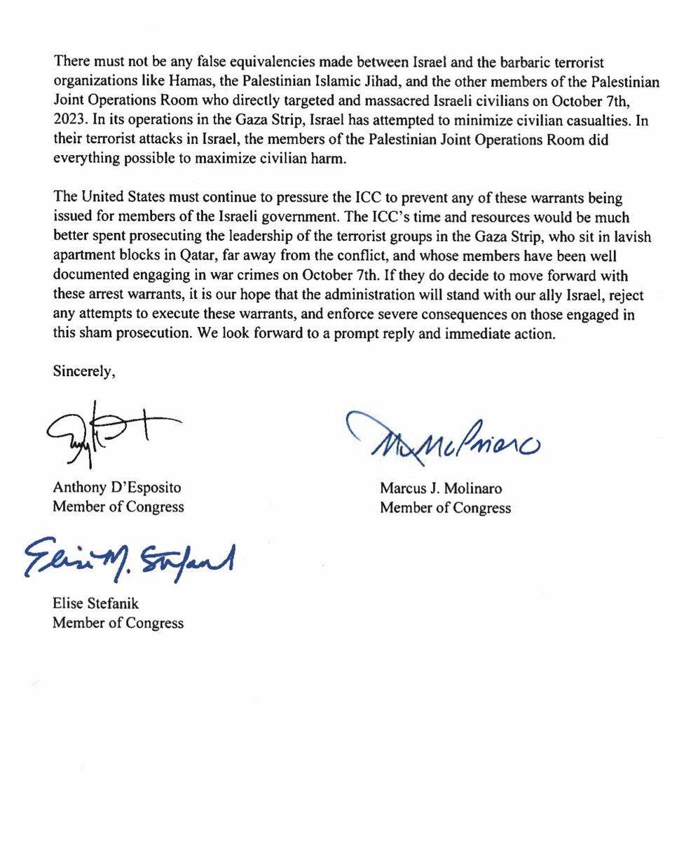 Today @RepDesposito and I demanded that the Biden Administration stand with our greatest ally Israel against absurd and unfounded attacks from the ICC.

Read more here ⬇️