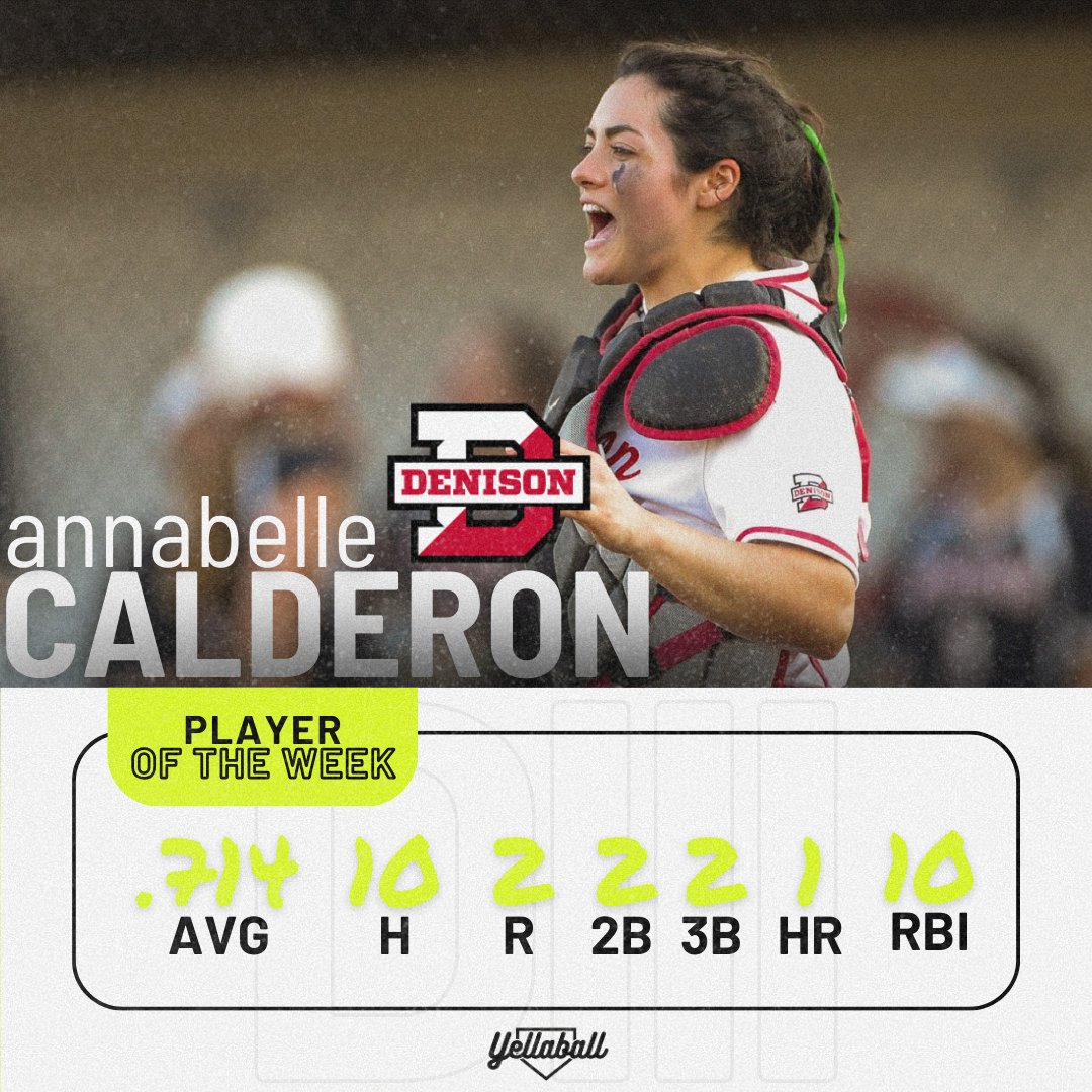 An RBI for all 10 hits she had on the week, Annabelle Calderon of Denison is our DIII Player of the Week! 

#yellaball #softball #d3 #playeroftheweek