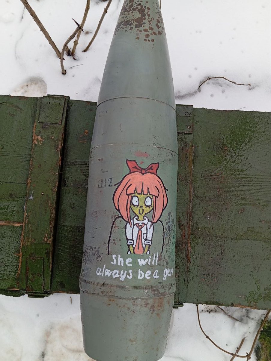 A character from a weird anime beautifully drawn by my artillery guy, thats all i know 🤣

Soviet 152mm shrapnel shell😎

If you also want something written/drawn on a shell/rocket - message me, will figure out the price.