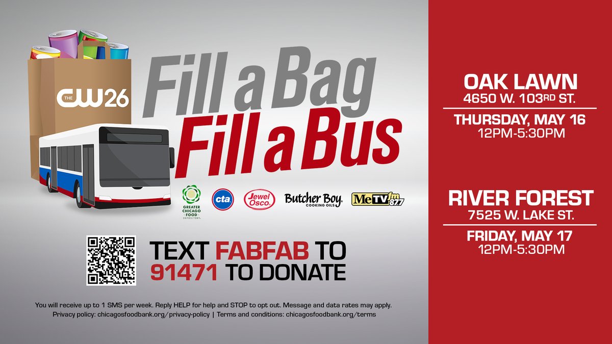 @cw26chicago has partnered w/ @FoodDepository, @metvfm, @cta, @jewelosco & Butcher Boy Cooking Oils for the 'Fill a Bag, Fill a Bus' food drive🥫❤️ Join us May 16 & 17 to make a canned food donation or donate online now. All donations go to the Food Depository food pantries.