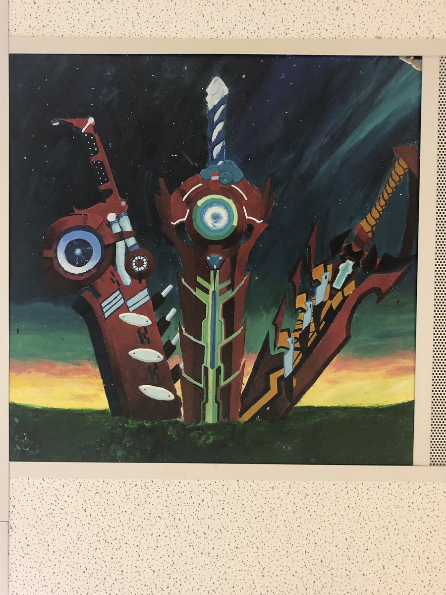 Two of my students have been painting one of my ceiling tiles for an art project, and here’s the result. They did a great job on it, especially with the shading and colors! One of them is a big Xenoblade fan, so we chat about the series from time to time.