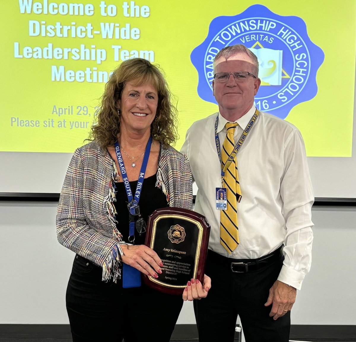 Great to recognize Amy Velazquez, legendary 14 year veteran dean at Glenbard South, at our District Wide Leadership Team meeting. She will be retiring this year. Firm and consistent, yet personable, caring and compassionate. We will miss Amy!
