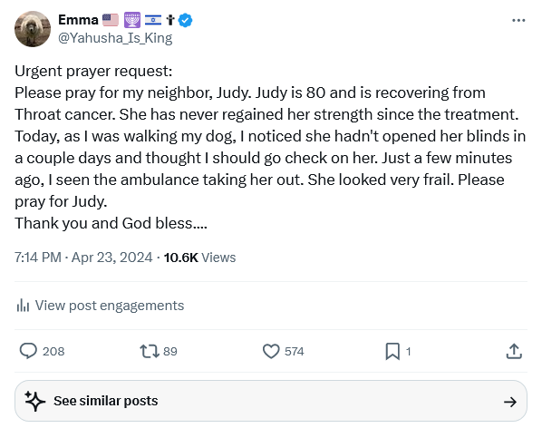 @PrayerHarbor @xTheGoodNews @clanceman65 Please share! Thank you Father! Glory to God, news from Judy today, she is okay and will be returning home at the end of the week. I don't have details of what happened, will tell you more when I know. Praise Jesus, God is good. Thank you