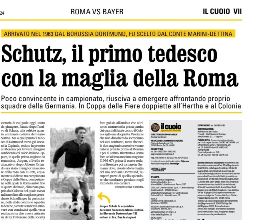 Domani, all'interno de Il Cuoio dedicato a #romabayer, ho ricordato la storia di Jurgen Schutz, il primo tedesco a indossare la maglia della Roma.
#CorrieredelloSport #ilcuoio