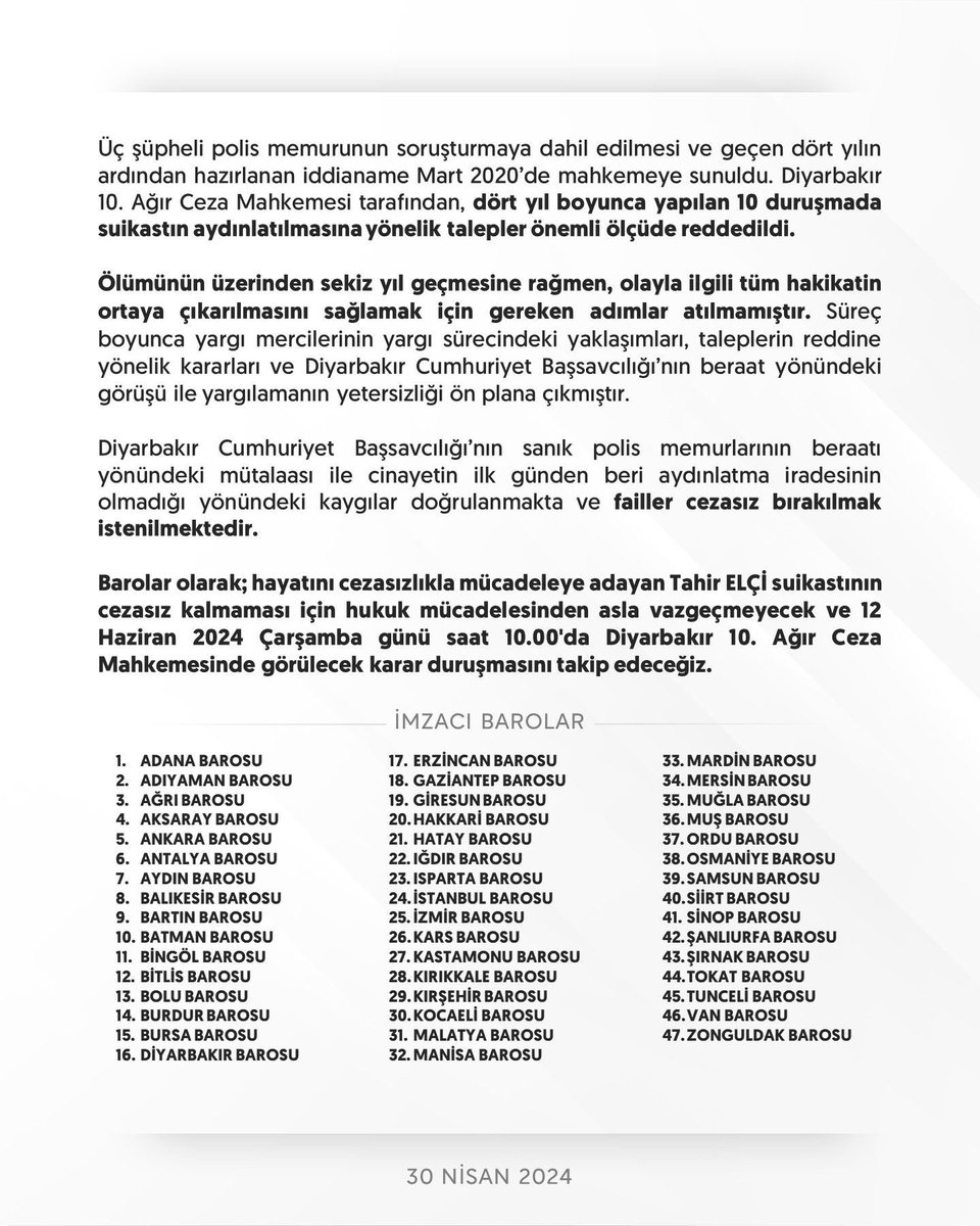 47 Barodan Ortak Açıklama ; TAHİR ELÇİ DOSYASININ TAKİPÇİSİ OLMAYA DEVAM EDECEĞİZ.