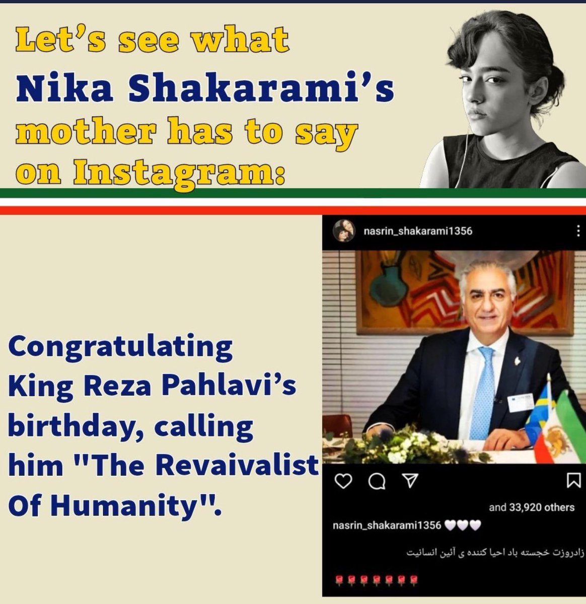 @YasiPatriot Peace and security will reign in Iran only with the return of @PahlaviReza . We need 
#KingRezaPahlavi to avenge Nika's blood and restore peace to the world. 
#MEPeaceWithPahlavi