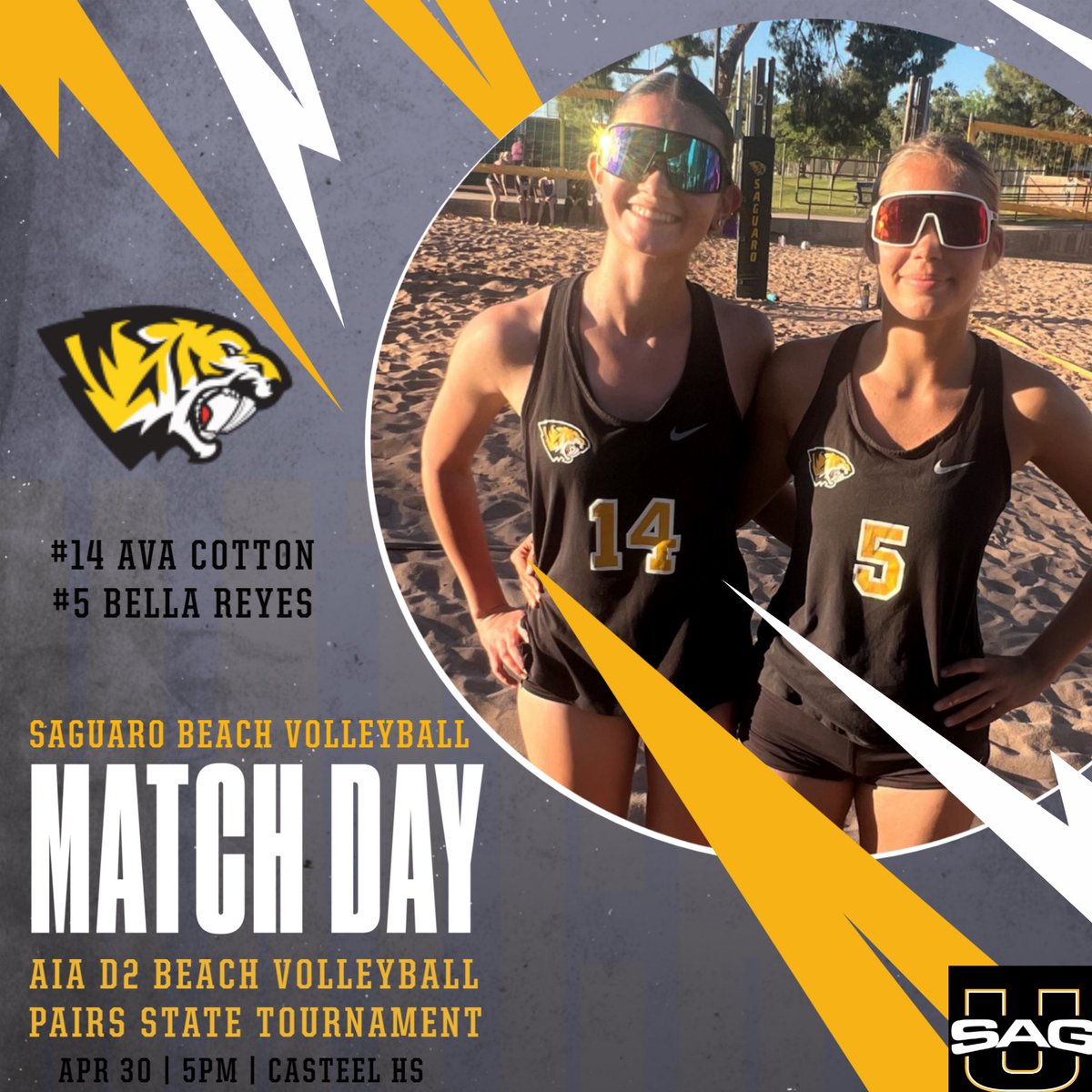 Good luck today to our Beach Volleyball @SaguaroVBL Girls Ava Cotton and Bella Reyes competing today in the AIA Beach VolleyballDivision II State Pairs Championship. #SagU #Family azpreps365.com/brackets/volle…