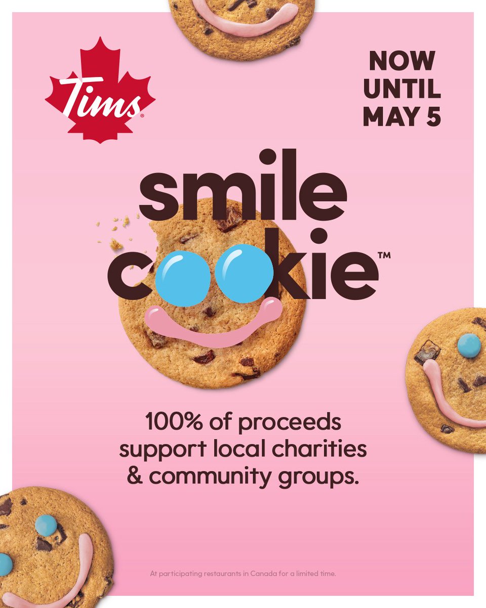 It's Smile Cookie Week at @TimHortons! 🍪 Purchase your Smile Cookie today with 100% of Smile Cookies sold will be donated to local charities and community groups