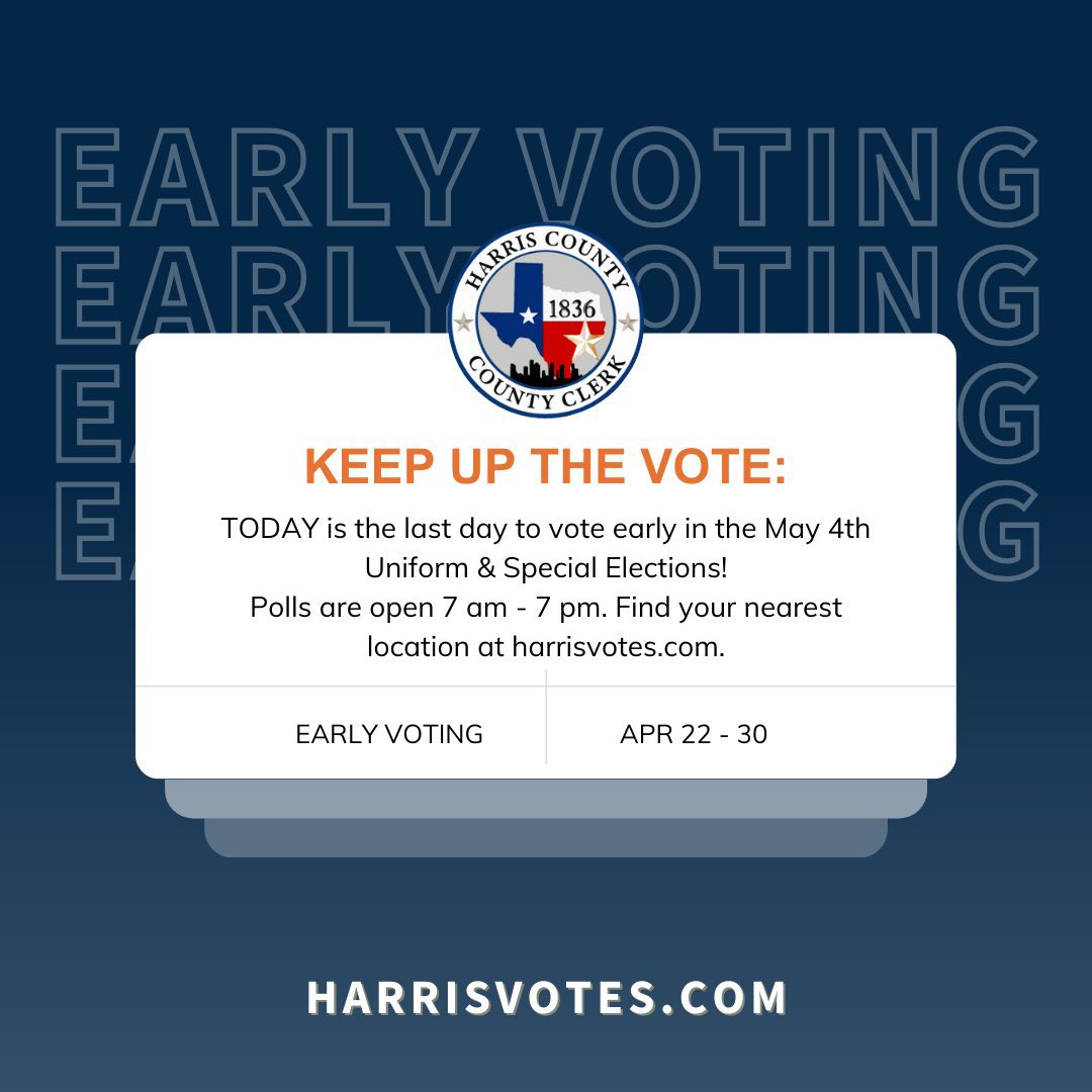 Today is the final day of Early Voting! Polls are open until 7pm today. Visit harrisvotes.com to find your sample ballot. Election Day is Saturday, May 4th! 🗳️✅ #harrisvotes Good luck to our labor endorsed candidates! #UnionStrong