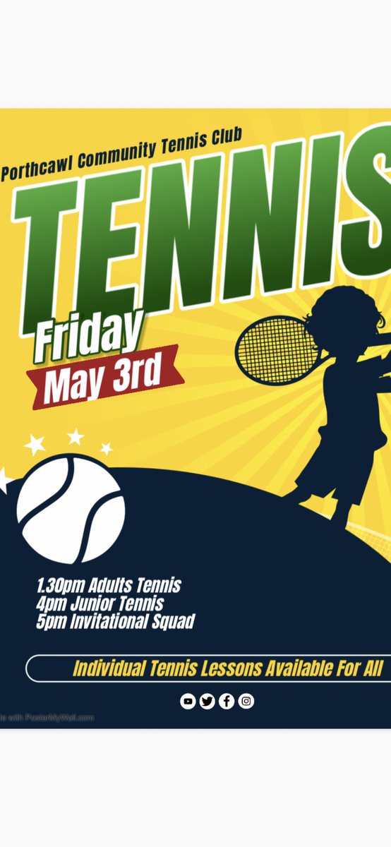 Lots of tennis this Friday May 3rd🎾 1.30pm Adults Social Tennis 4pm Junior Tennis 5pm Invitational Squad #porthcawlparkstennis