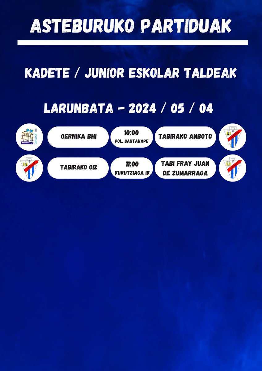 📝 Hauek dira asteburuko partiduak. Anima zaitezte Landako Polikiroldegira eta eskoletara hurbiltzen!!!🏀💪🏽 Bat, bi, TABI! 💙