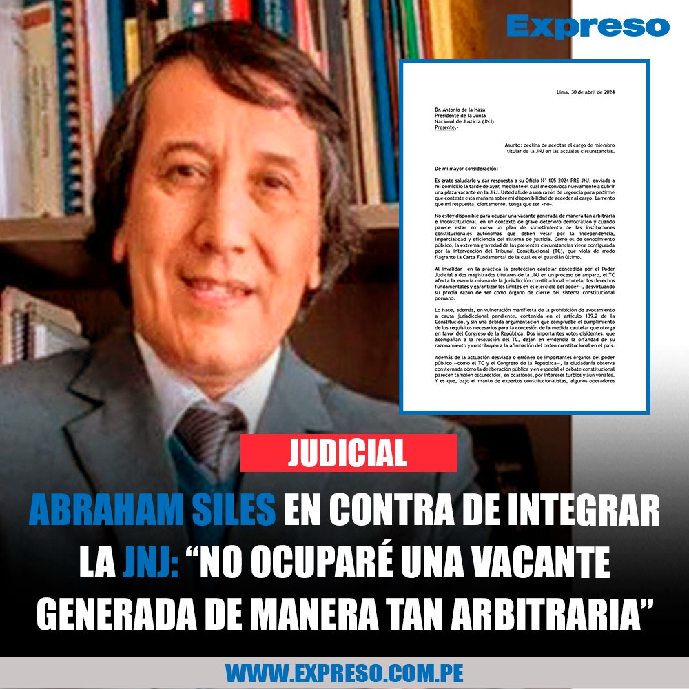 🚨 El miembro suplente de la Junta Nacional de Justicia (JNJ), Abraham Siles, rechazó ocupar la vacante principal de la institución, la cual sería el reemplazo de los magistrados suspendidos, Inés Tello y Aldo Vásquez. Según el comunicado del letrado, no se encuentra disponible…