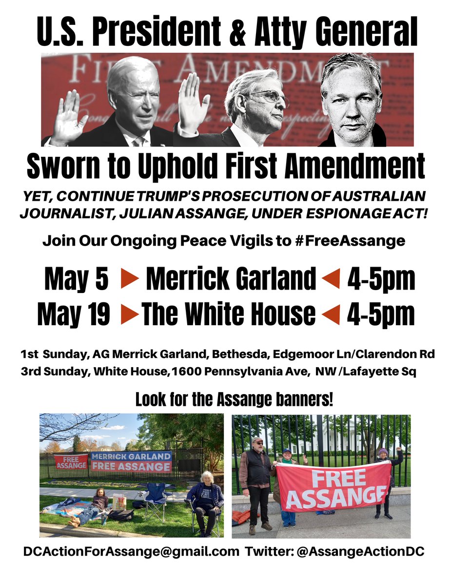 Ongoing #FreeAssange Vigils evry 1st & 3rd Sunday! May 5th 4pm (Garland's home) Let's pressure @POTUS @TheJusticeDept to drop extradition attempts & charges against Julian Assange. #LetHimGoJoe DoJ: 202-353-1555 White House: 202-456-1111 (11-3pm T, W, Th) WhiteHouse.gov/contact