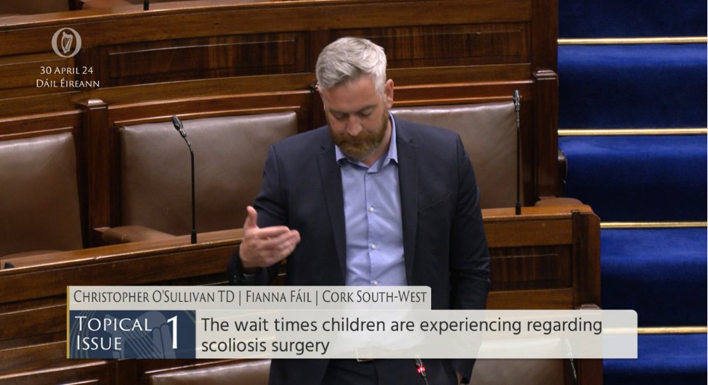#Dáil Topical Issue 1: Deputy Christopher O'Sullivan @COSullivanTD - To the Minister for Health - To discuss the wait times children are experiencing in relation to scoliosis surgery. bit.ly/2wRX0Aj #SeeForYourself