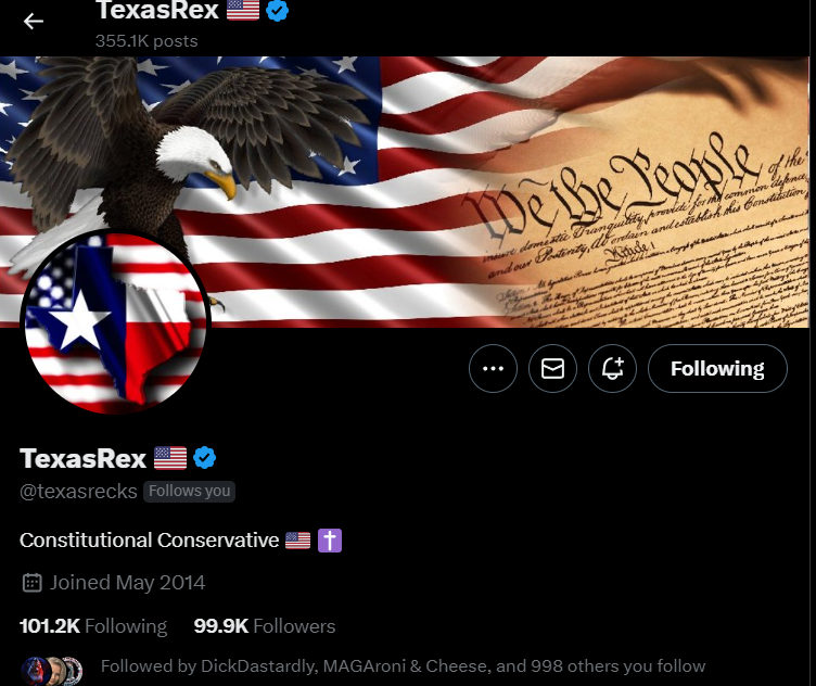 ATTENTION #Patriots, My friend is almost to 100K lacking only 48 followers to hit that mark ❤️🤍💙@texasrecks ❤️🤍💙👈🔥🔥🔥🔥 🔥🔥🔥🔥🔥🔥🔥🔥🔥🔥🔥🔥🔥🔥 #StandWithTexas #MAGA #WWG1WGA #PatriotsUnite