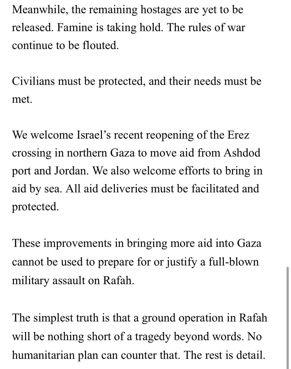 .@UNReliefChief says improvements in #Gaza aid access, such as the reopening of the #Erez crossing, 'cannot be used to prepare for or justify a full-blown military assault on #Rafah.' He warns that no humanitarian plan can counter the devastating effect that an Israeli ground