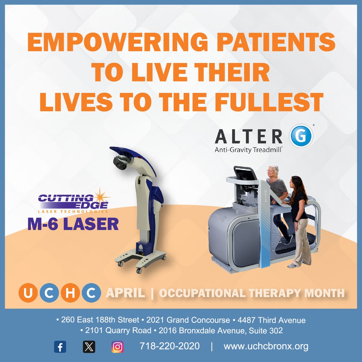 Non-invasive #UCHCBronx treatments for you this #OccupationalTherapyMonth!
- M6 MLS Laser: regenerates diseased tissue
- AlterG Treadmill: Accelerates recovery without pain

☎️718-220-2020 for appointments!
#NACHC #CHCANYS #ValueCHCs #UCHCcares #OTMonth