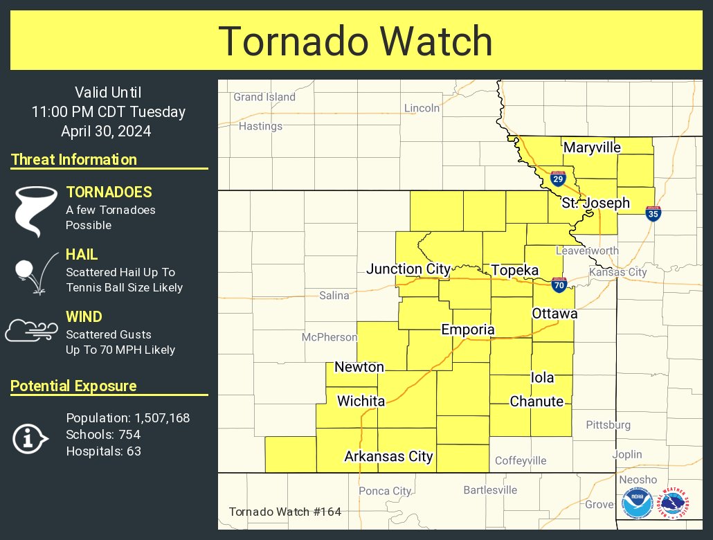 A tornado watch has been issued for parts of Kansas and Missouri until 11 PM CDT