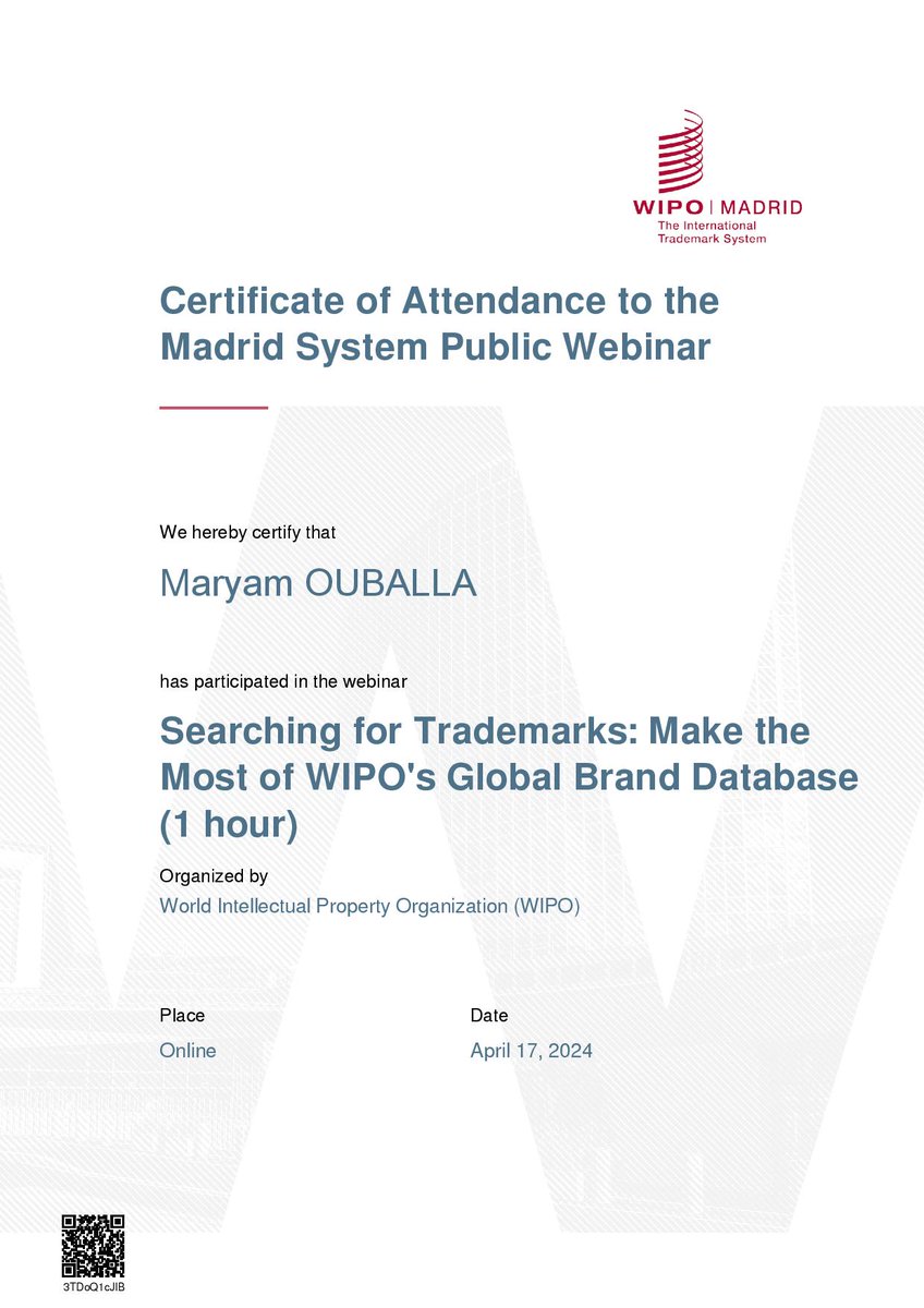 Public webinar titled 'Searching for Trademarks: Make the Most of WIPO's Global Brand Database.'This one-hour course provided valuable insights into how to effectively use WIPO's trademark search tools to identify potential conflicts and ensure brand protection.#brandprotection