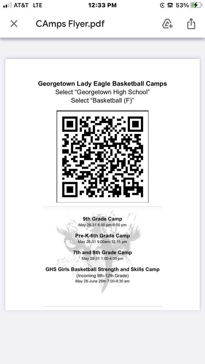 Here’s the QR Code for our Lady Eagle🏀Camps for Incoming Pre-K through Freshmen & GHS🏀Strength & Conditioning/Skills Camp. We can’t wait to see you #EFND💙