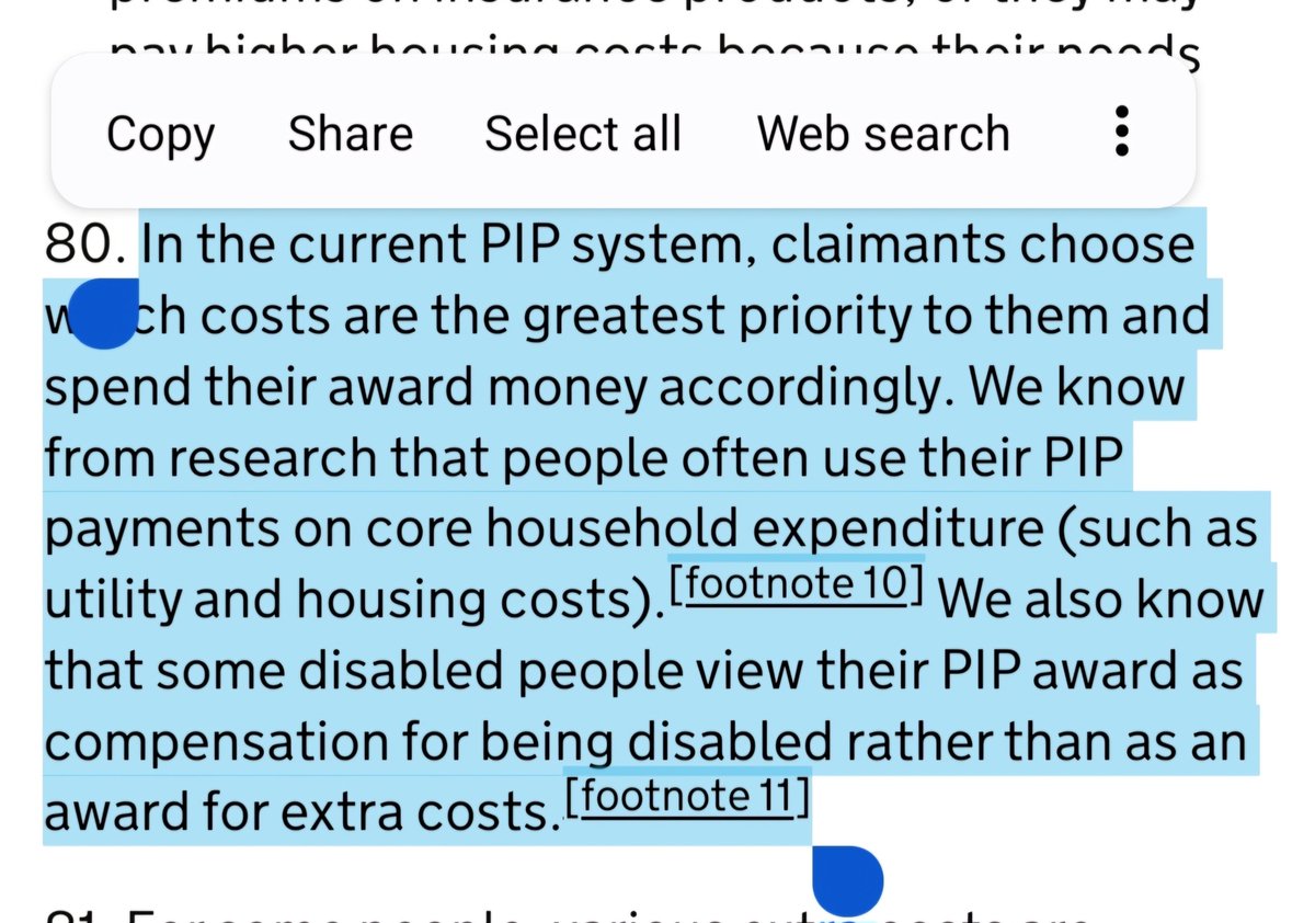 This is the key paragraph in the PIP Green Paper ... they know people can't afford to live on UC or wages ... they don't want people to be able to use PIP to live, as undermines drive to exploit people as workers in their shitty insecure economy for the benefit of capital.