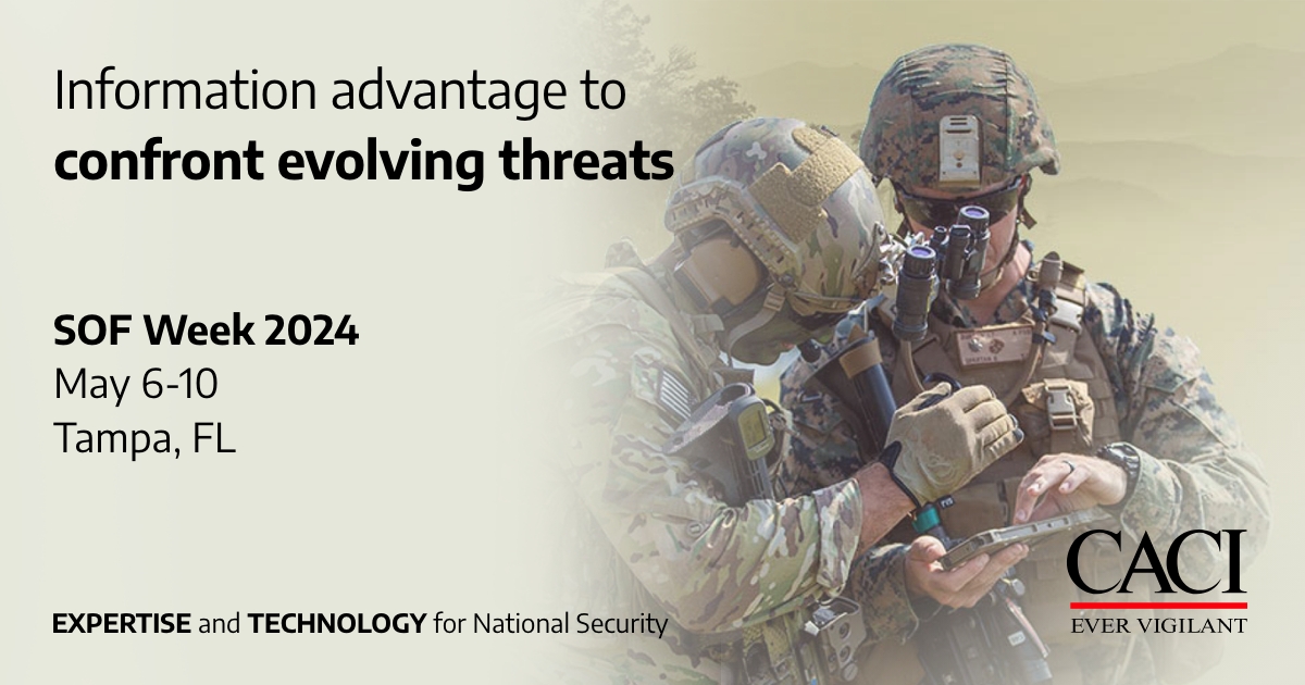#TeamCACI provides a full spectrum of powerful capabilities to modernize special operation forces. Visit us at booth 613 for #SOFWeek2024 from May 6-10 to discover how we drive information advantage to confront evolving threats: caci.com/SOFWeek24