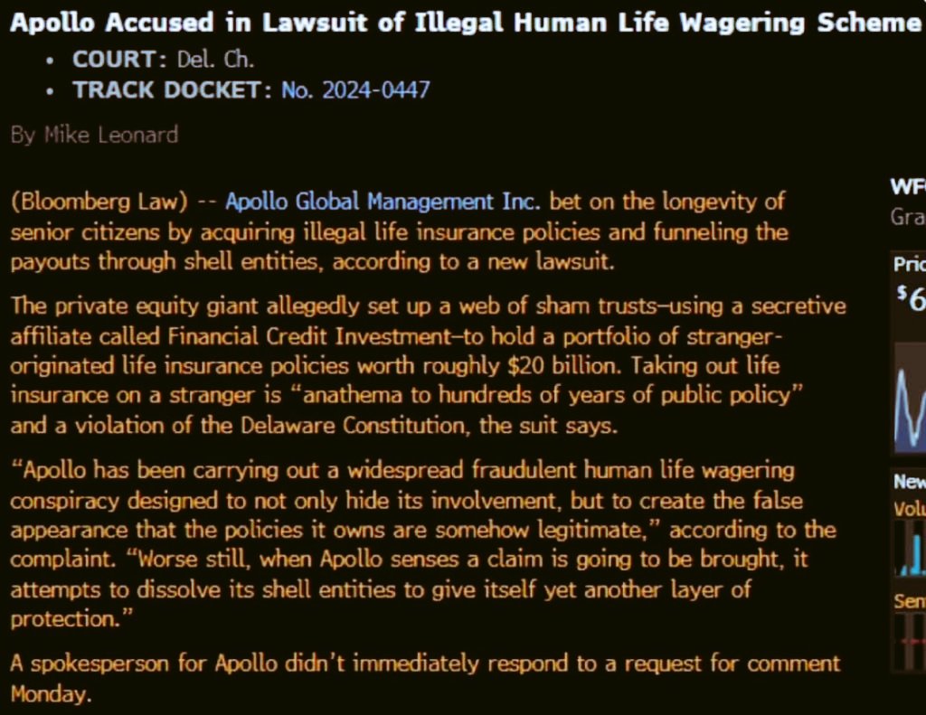 HEDGE FUND APOLLO ACCUSED IN LAWSUIT OF ILLEGALLY BETTING ON HUMAN LIVES USING SHELL CORPORATIONS‼️

THIS IS NOT CLICKBAIT

THIS IS THE SAME THING THEY DO WITH OVERLEVERAGED SHORT POSITIONS.

MOVE LEVERAGE TO SHELL TO HIDE LOSSES.
DISSOLVE SHELL TO AVOID EXPOSURE.

RINSE & REPEAT