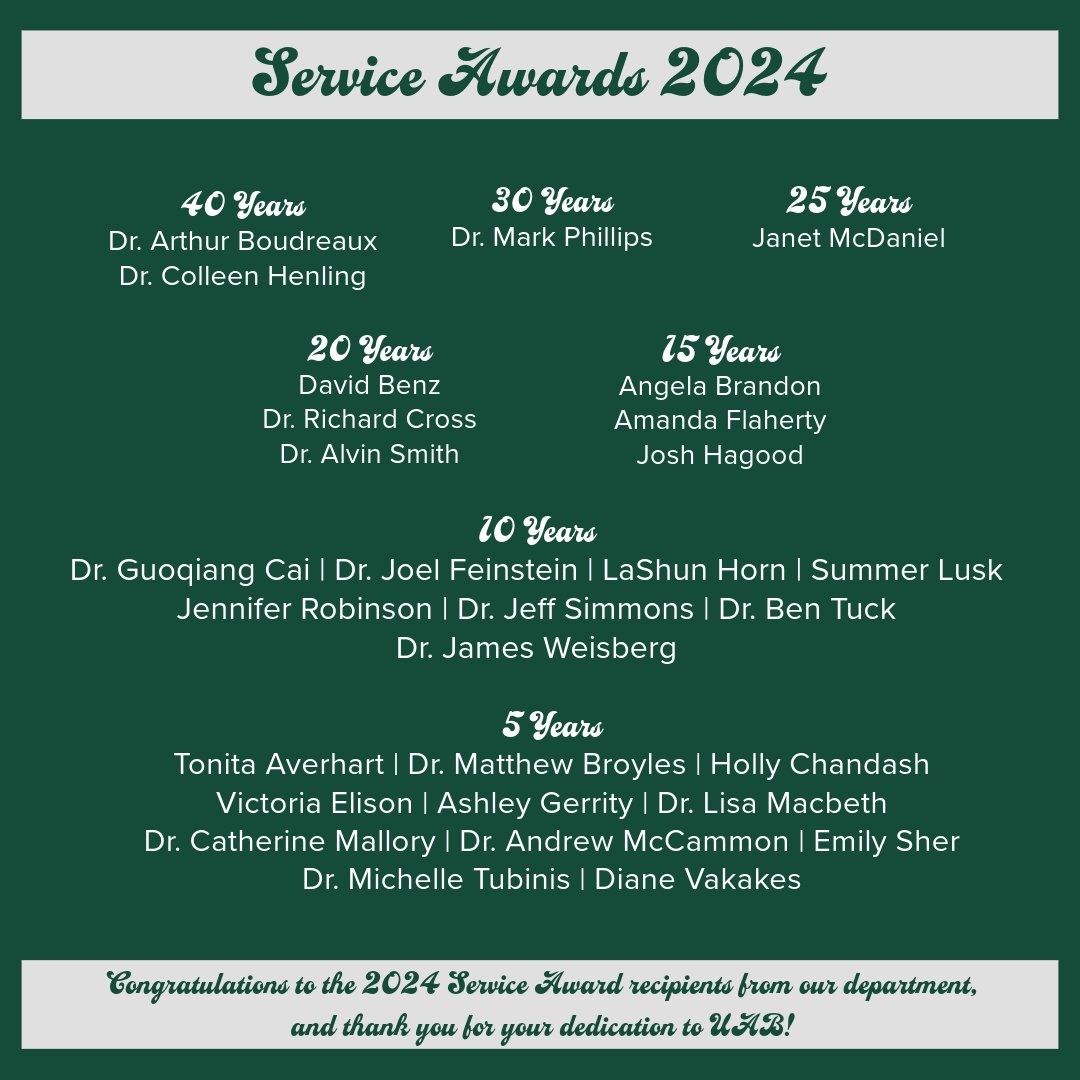 Can we get a round of applause for our 2024 Service Awards recipients?! 👏 👏 👏 Congratulations to these outstanding faculty and staff members and thank you for your many years of service to our department.