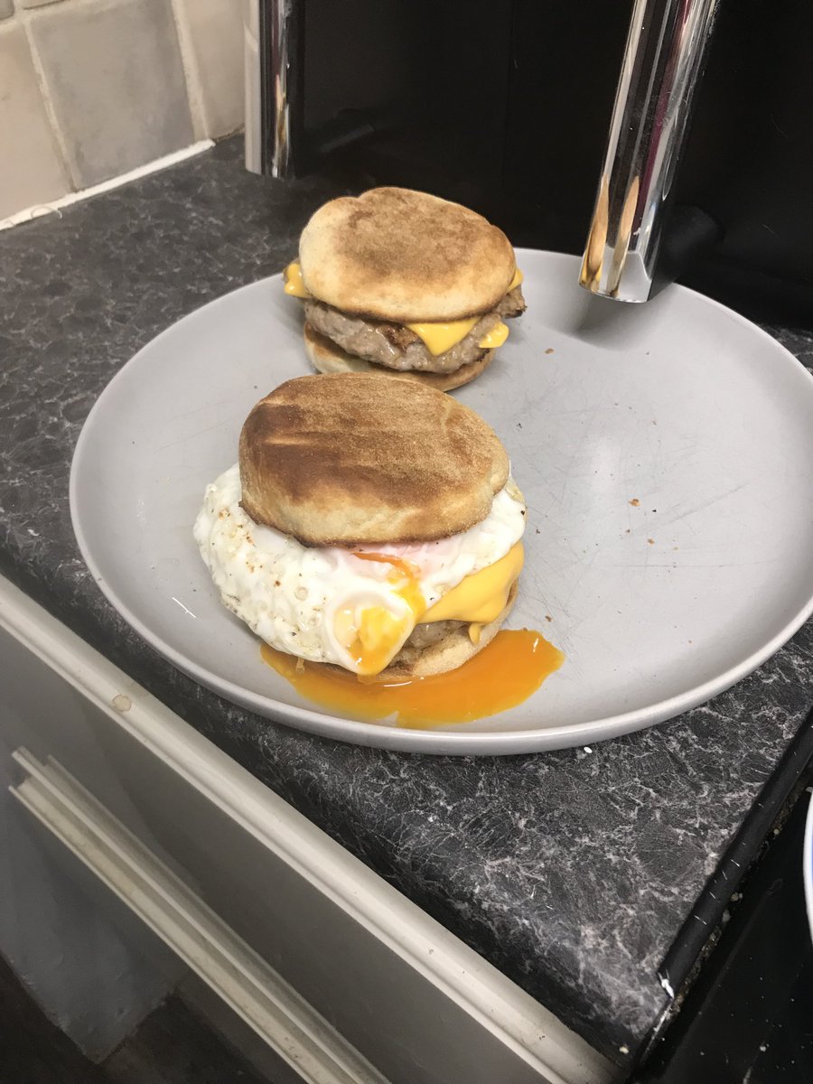 Pork burgers in muffins One with a fried egg Me and 18 did great He loves it……. 👍🏻😅