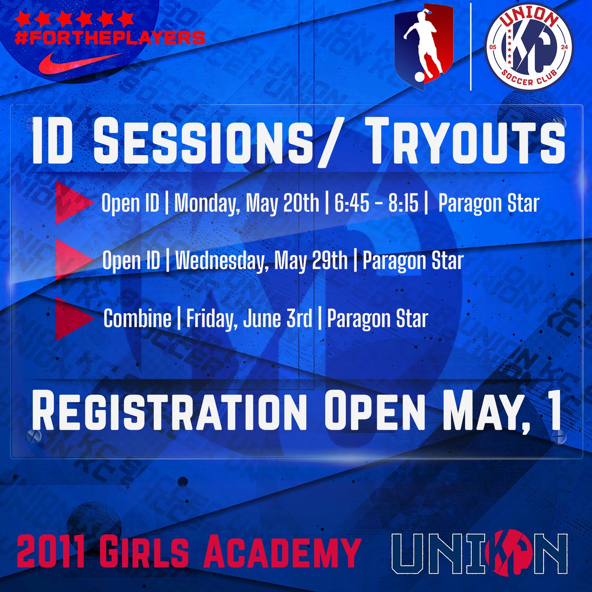 A NEW ERA | Registration Opens May 1

Our @GAcademyLeague OpenID/Combine Registration opens tomorrow, save these dates! 

#UnionKC || #fortheplayers