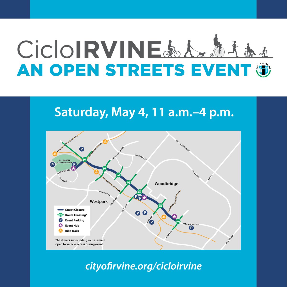 Come to the City of Irvine’s first-ever car-free Open Streets Event with nearly two miles of city streets closed to cars for activities on Saturday, May 4, from 11 to 4 on Barranca Parkway and Harvard Avenue.

More Info: cityofirvine.org/cicloirvine.
#WeAreIrvine #OpenStreets