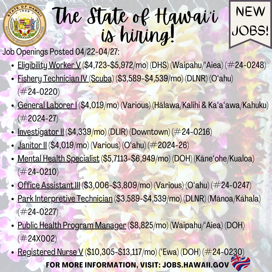 The State of Hawai'i is #hiring on #Oahu. Please visit jobs.hawaii.gov for more information on these positions and to apply online. @hawaiidoh @dlnr @hi_dlir
#hawaiiishiring #stateofhawaii #statejobs #oahujobs #jobopenings #recruitment #civilservice #publicservice