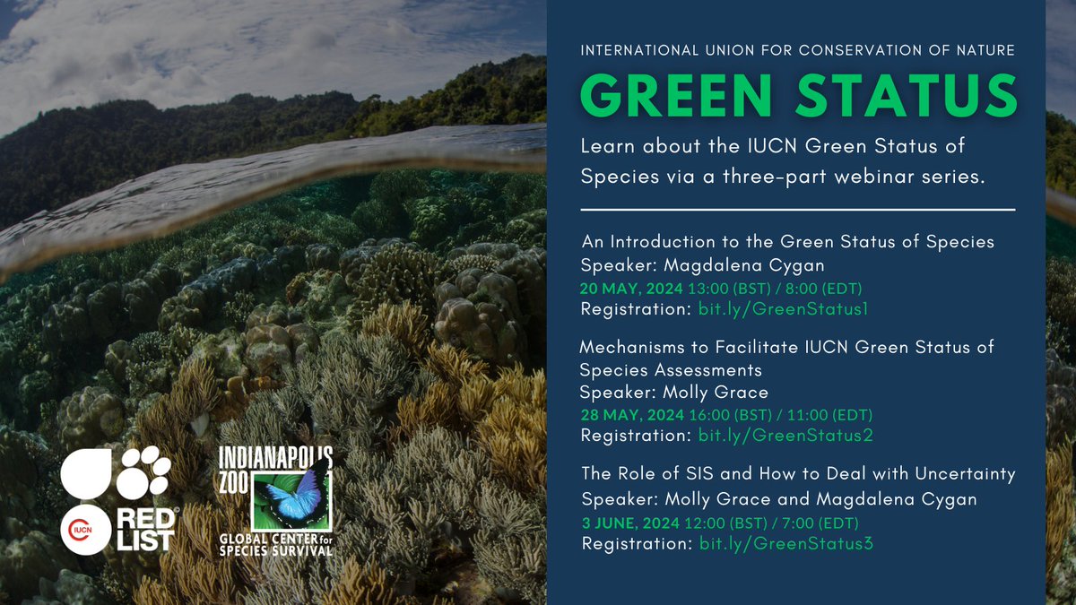 FREE WEBINARS! Register now for a three-part series focused on @IUCN Green Status of Species assessments. Learn about the process, resources available, and how to work the new #GreenStatus module in @IUCNRedList SIS! Info and registration links here: bit.ly/GlobalCenterEv…