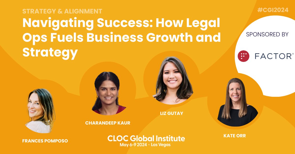 Attending #CGI2024 next week? Join Orrick’s Kate Orr and #legaloperations leaders from @JuniperNetworks, @splunk and @Hearst on Tuesday, May 7 from 3:45-4:35 PM for a discussion on how #legalops can fuel business growth and strategy. @cloc_org #CLOC #CGI