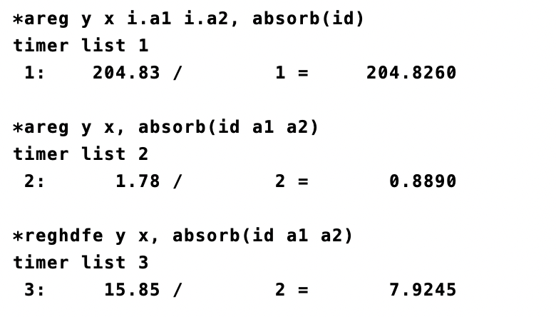 Quick @Stata tip: with StataNow, you can now absorb multiple fixed effects using 'areg', and my cursory investigation shows this to be faster than 'reghdfe'. webuse hdfe, clear *1. areg y x i.a1 i.a2, absorb(id) *2. areg y x, absorb(id a1 a2) *3. reghdfe y x, absorb(id a1 a2)