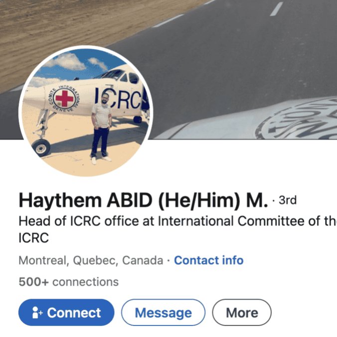 5/ Update: Haythem “Ethan” Abid has now shut down his Facebook account. Link above with the screenshot. Also: he shut down his LinkedIn. linkedin.com/in/haythemabid Note: though he put his location as Montreal, apparently he heads the Libya sub-delegation, from ICRC Algeria office.