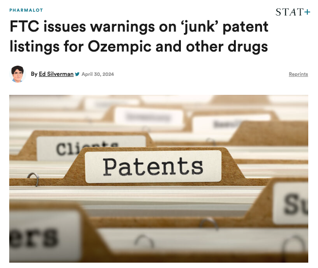 🚨NEWS: The @FTC is expanding its fight against drug patent abuse. Today, the agency announced it is challenging over 300 junk Orange Book patent listings from brand-name drugmakers including @Novartis, @novonordiskus, @AstraZeneca, @GSK, and @TevaUSA