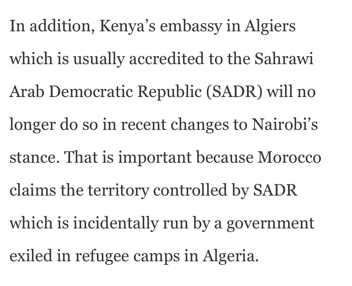 Moroccans, you acted egregiously about this issue but brace yourself for more. This is not out of the blue, Kenya is one of the biggest supporters of the RASD that is now inclining more towards Morocco. They recently removed the accreditation to the polisario in their embassy