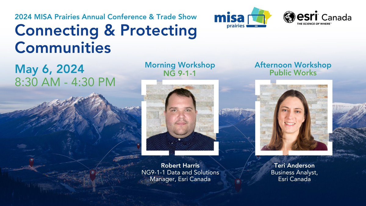 Catch Esri Canada's Robert Harris & Teri Anderson at the MISA Prairies Conference, May 6! Morning: Next-Gen 911 insights. Afternoon: Public works & GIS solutions. Don't miss out! esri.social/ak5b50Rrlop #GISConference #EsriCanada #MISAPrairies #NextGen911 #PublicWorks