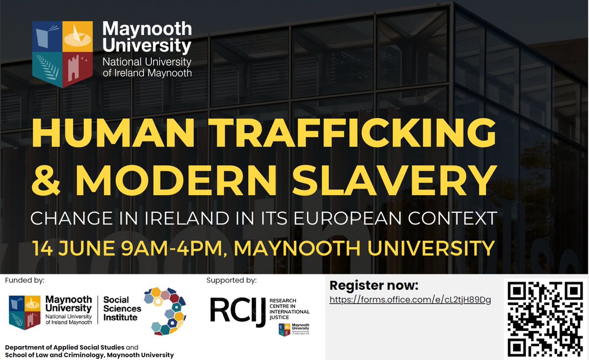 Looking forward to welcoming stakeholders to @MaynoothUni on June 14th for a one-day conference on #HumanTrafficking and #ModernSlavery in Ireland. Working to promote meaningful and lasting change. #DetailsToFollow